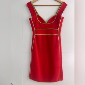Herve Leger dress - red/orange/coral with green lime piping - Size S